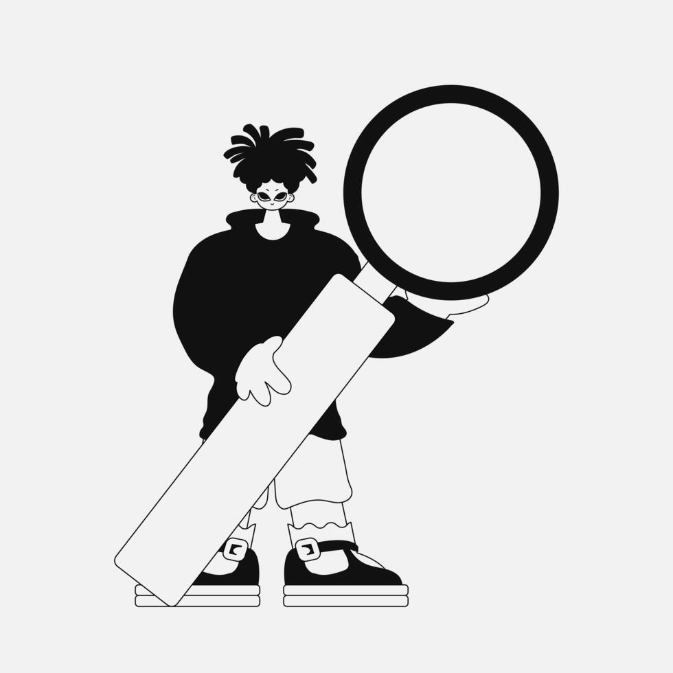 An attractive man is holding a magnifying glass, a loupe. Linear black and white style. vector