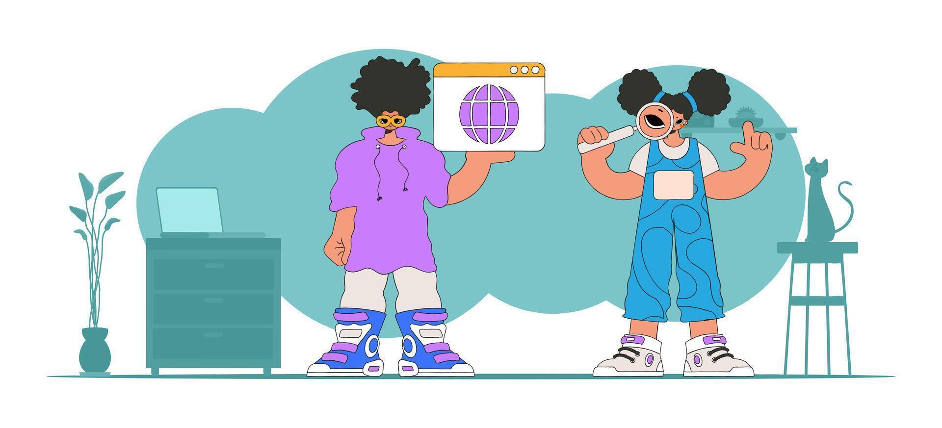The girl and the guy are looking for information. Marketing materials. vector