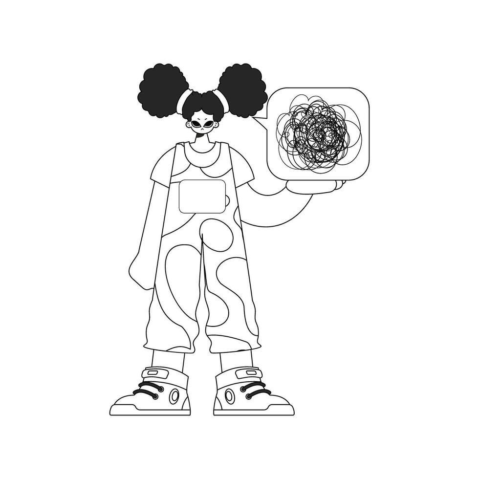 Excited woman demonstrates confused thoughts. Theme of psychology. Linear newspaper black and white style. vector