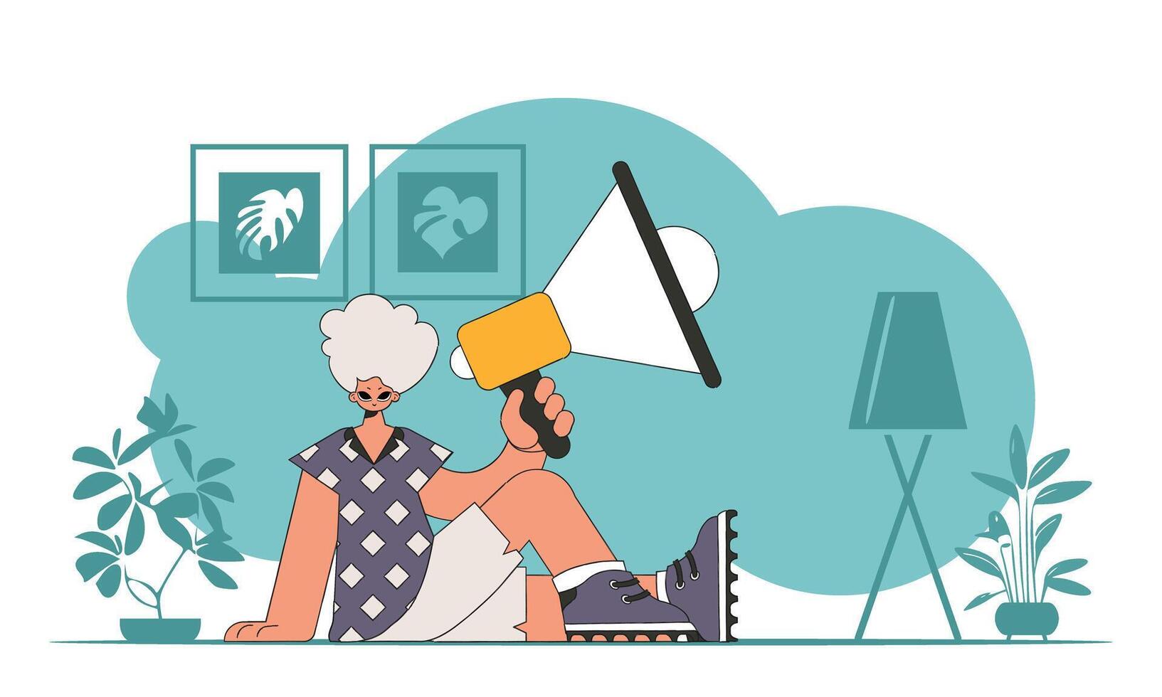 illustration of a human resources specialist. A young man sits on the floor and holds a megaphone in his hand. vector