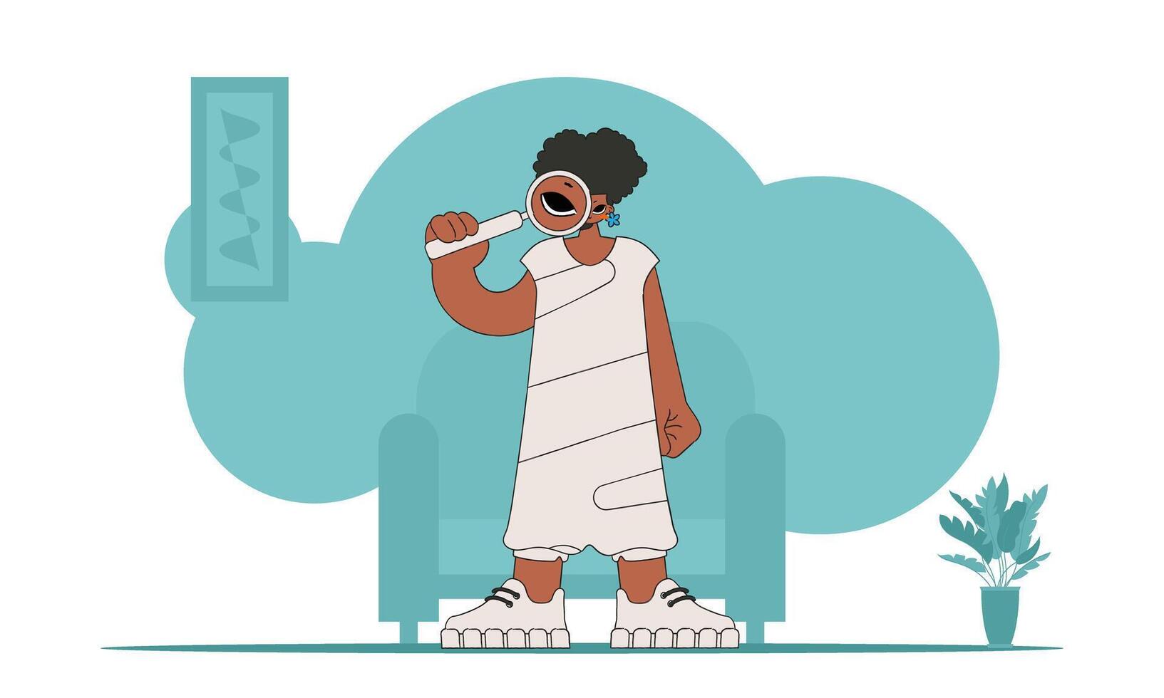 The concept of searching for information. The guy is holding a magnifying glass. Linear retro style character. vector