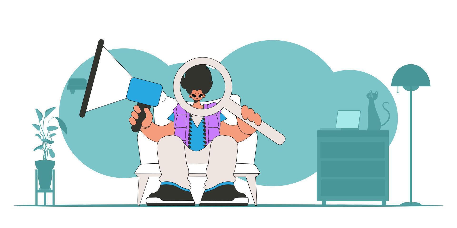 Stylized vector illustration of a HR representative. A young man sits in a chair and holds a megaphone.