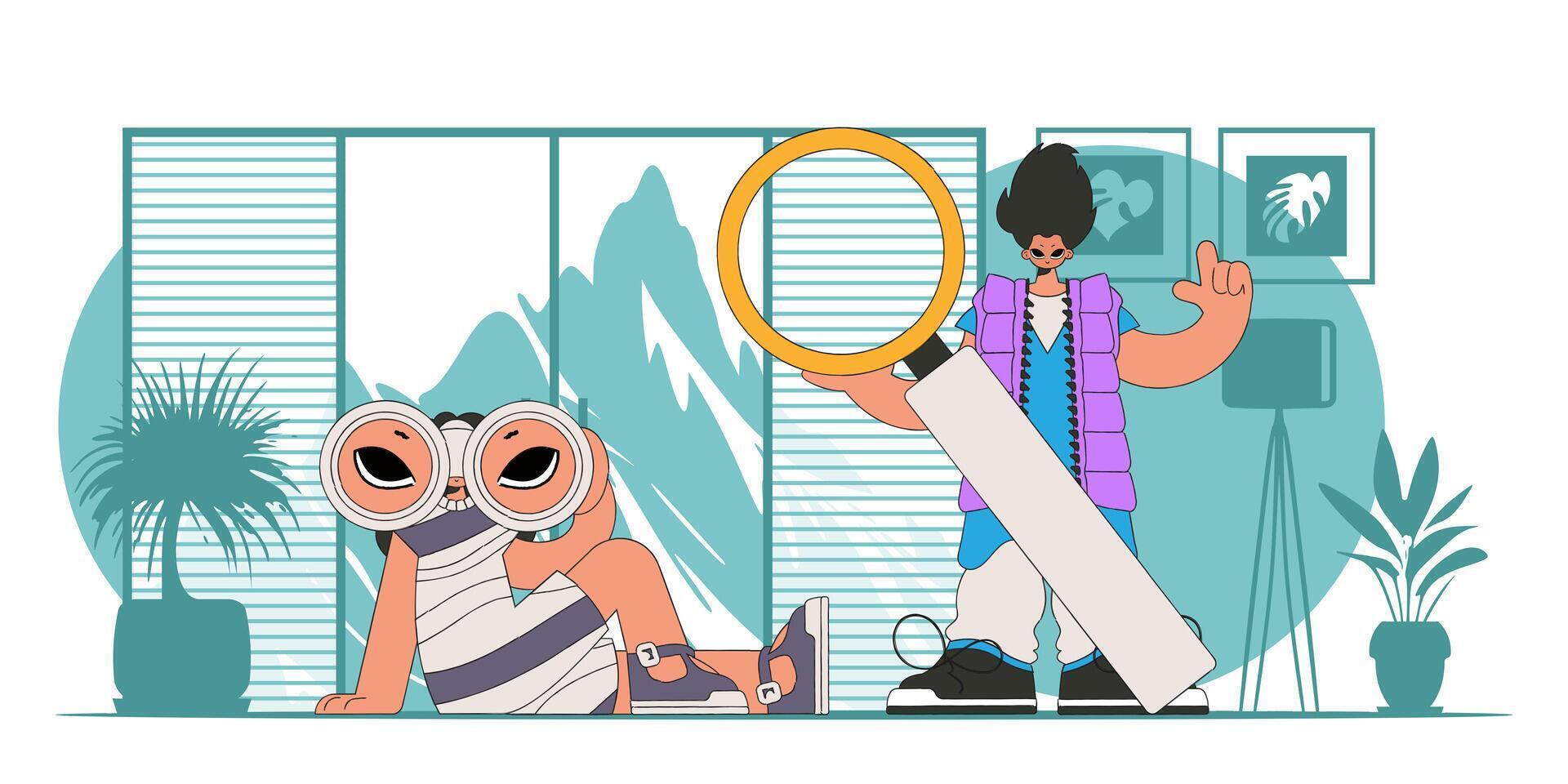 Good for job postings and flyers. Attractive group of HR people using binoculars and magnifier. vector