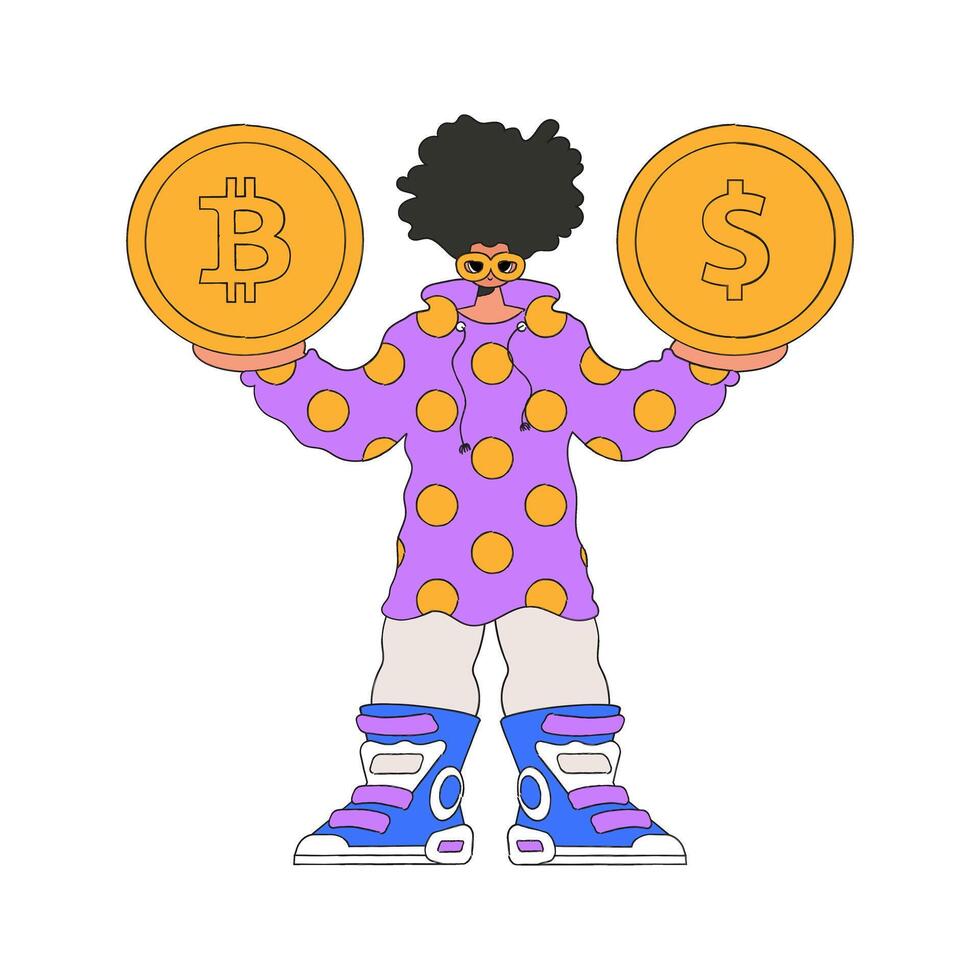 el chico es participación dólar y bitcoin personaje de moda retro estilo. vector