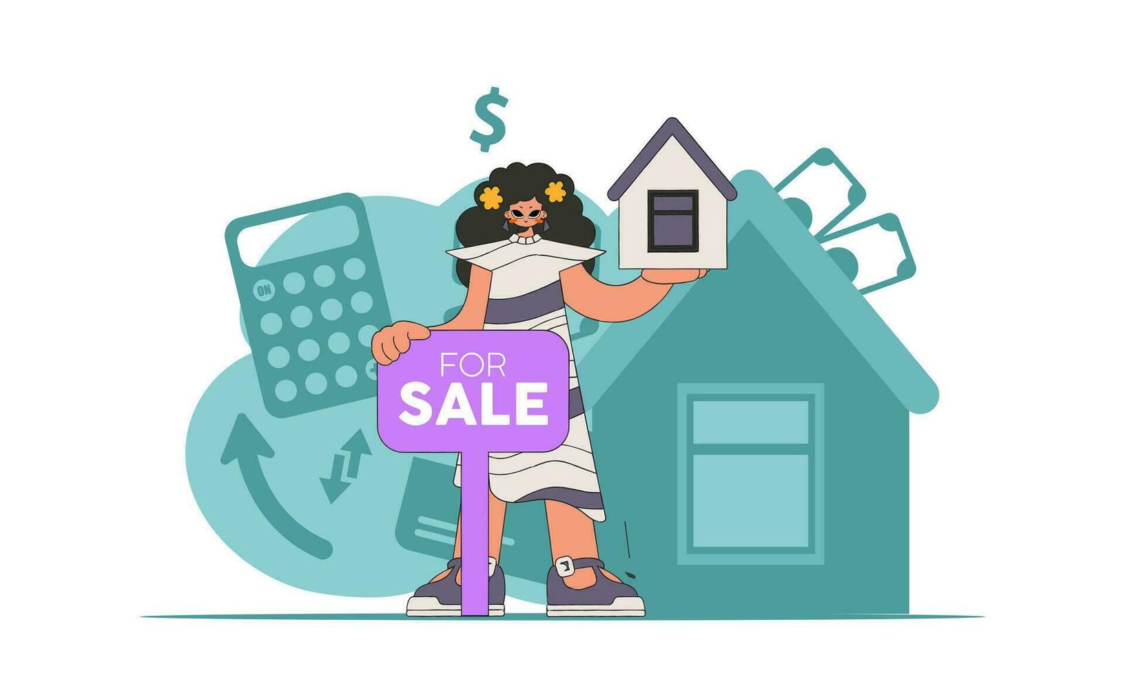 el concepto real inmuebles hogar propiedad. niña real inmuebles agente vende un casa. vector