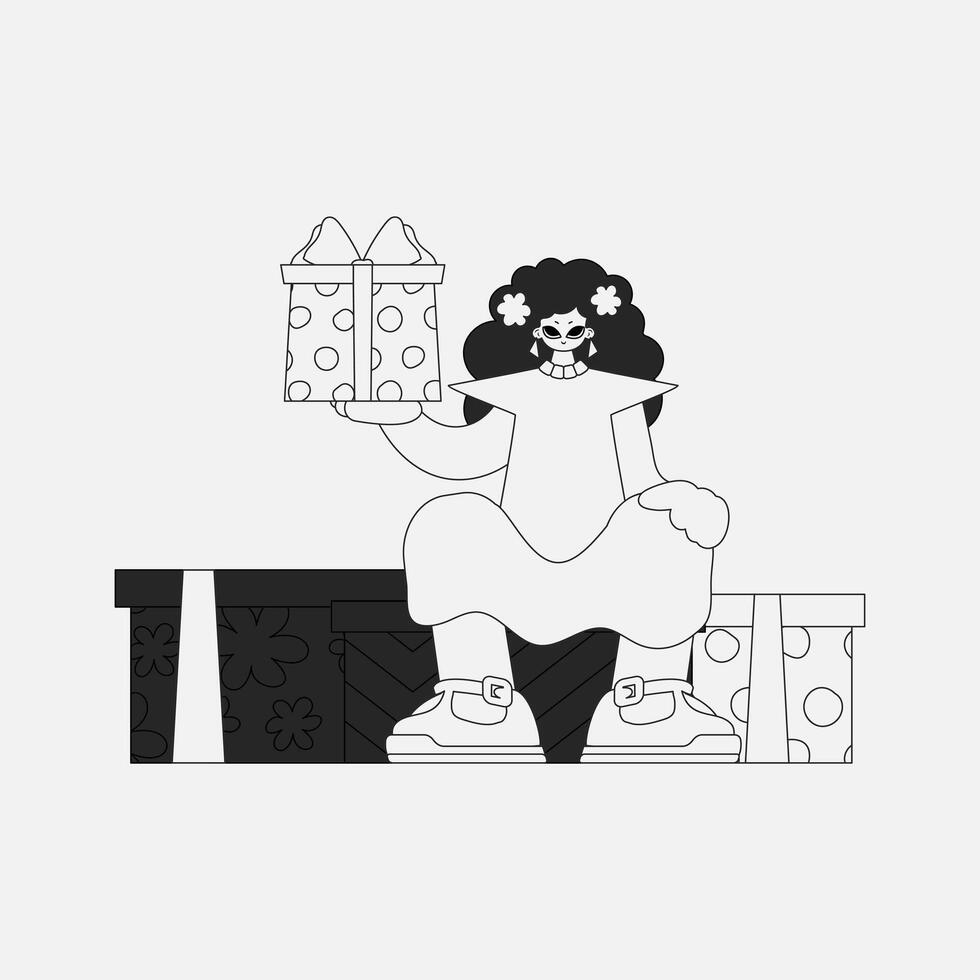 A charming woman is holding a gift box. Newspaper style character. vector