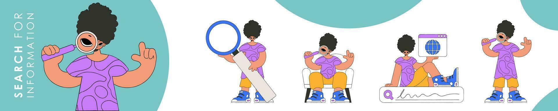 Set of character illustration for information search theme. Collection of scenes with a short guy holding a magnifying glass and looking for information. Retro style character. vector
