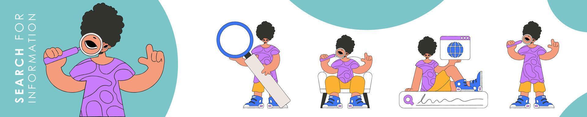 Set of character illustration for information search theme. Collection of scenes with a short guy holding a magnifying glass and looking for information. Retro style character. vector