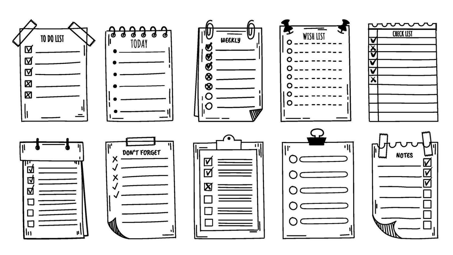 Doodle checklist. Hand drawn to do list, today tasks and sketch weekly planner. Clipboard with bullet list, notes page with check and tick vector set