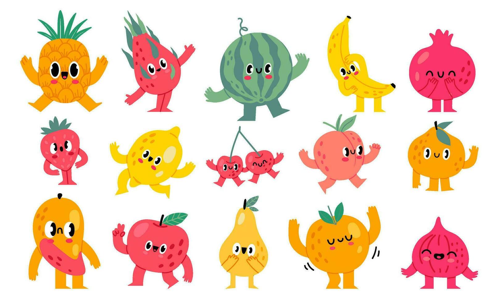 Doodle fruits and berries characters. Funny grocery food mascot with happy cartoon faces vector illustration set