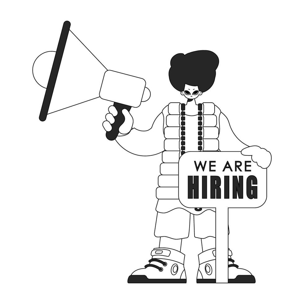 Capable HR specialist man holding a megaphone. HR topic. Linear black and white style. vector
