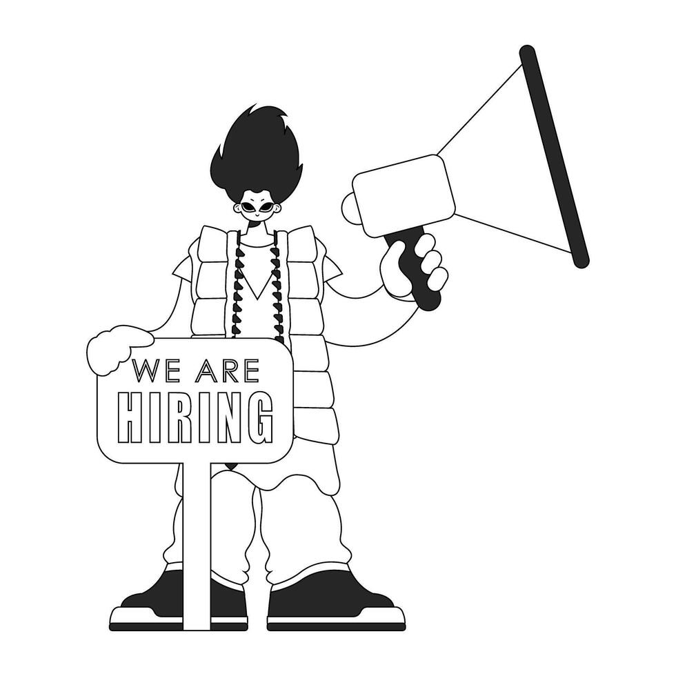 Capable HR specialist man holding a megaphone. HR topic. Newspaper black and white style. vector