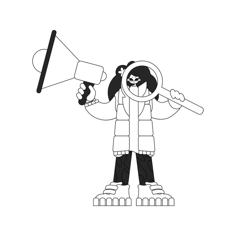 Competent HR specialist woman holding a megaphone and a magnifying glass in her hands. HR topic. Linear black and white style. vector