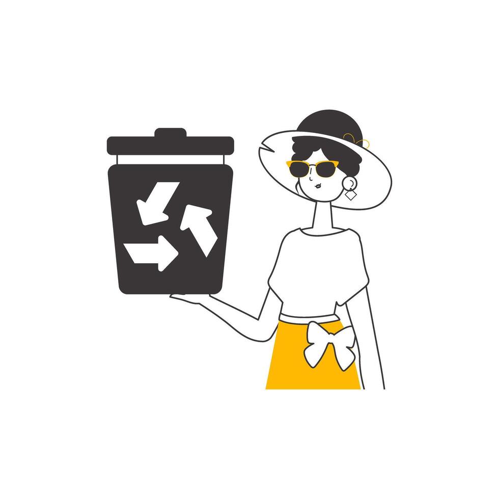 el niña es participación un basura poder. residuos reciclaje concepto. lineal de moda estilo. aislado en blanco antecedentes. vector ilustración.