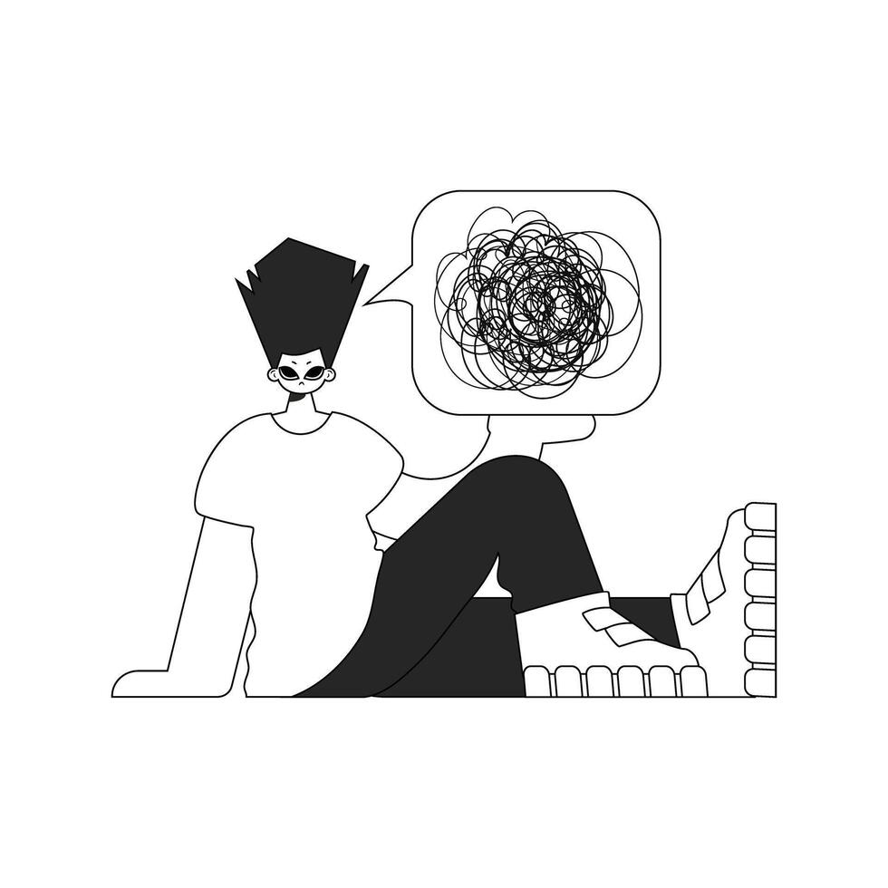 Irritated man shows confused thoughts. Theme of psychology. Linear black and white style. vector