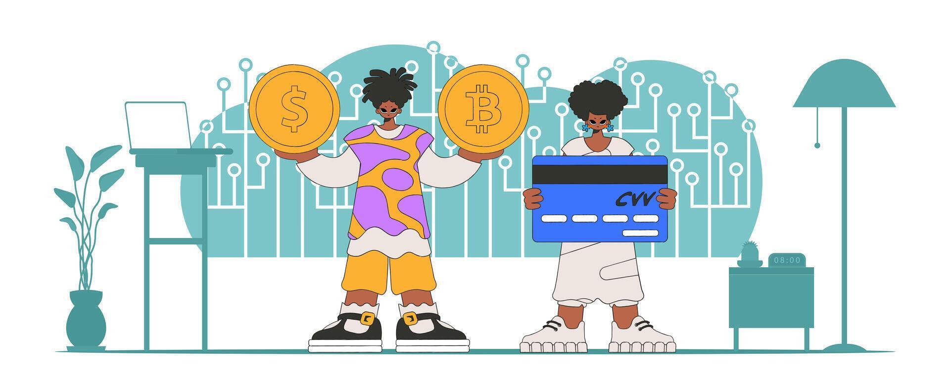 The concept of managing interaction with digital monetary assets. People interact with bitcoin. vector