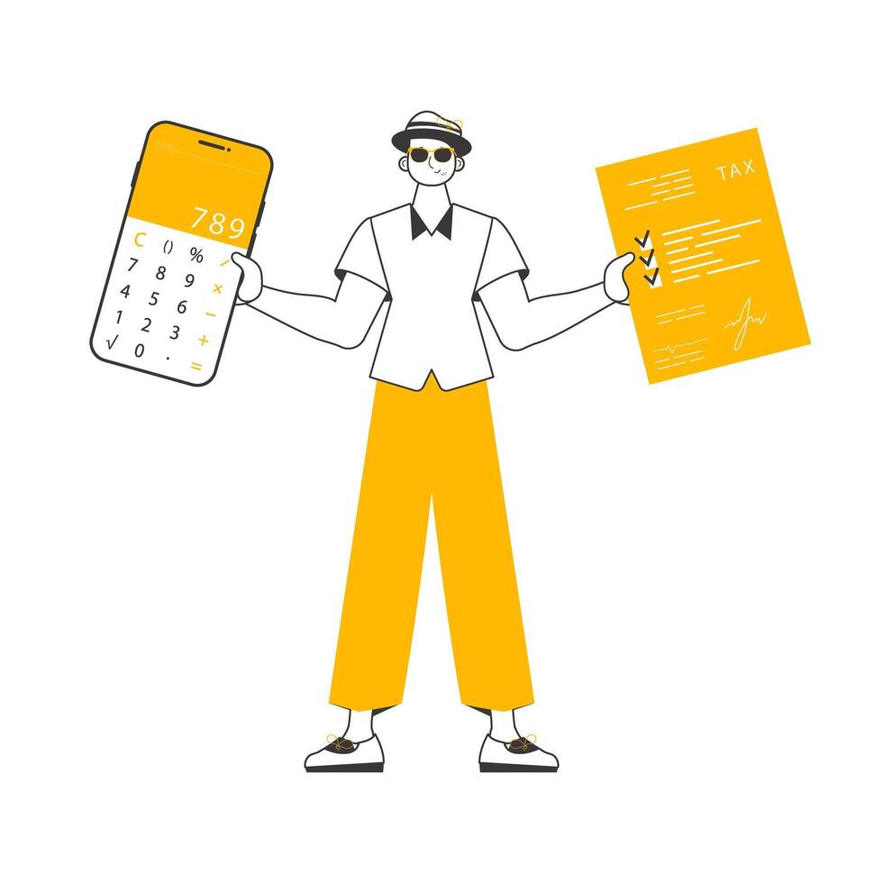 A man holds a calculator and a tax form in his hands. Modern linear style. Isolated. Vector illustration.