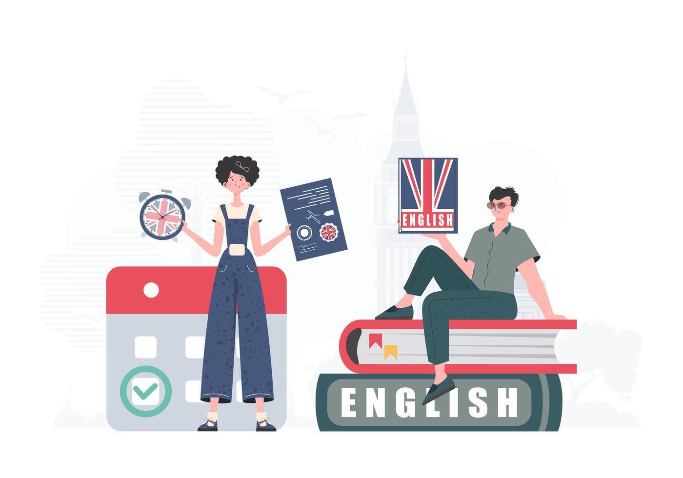 The concept of learning English. Woman and man English teachers. trendy style. Vector illustration.