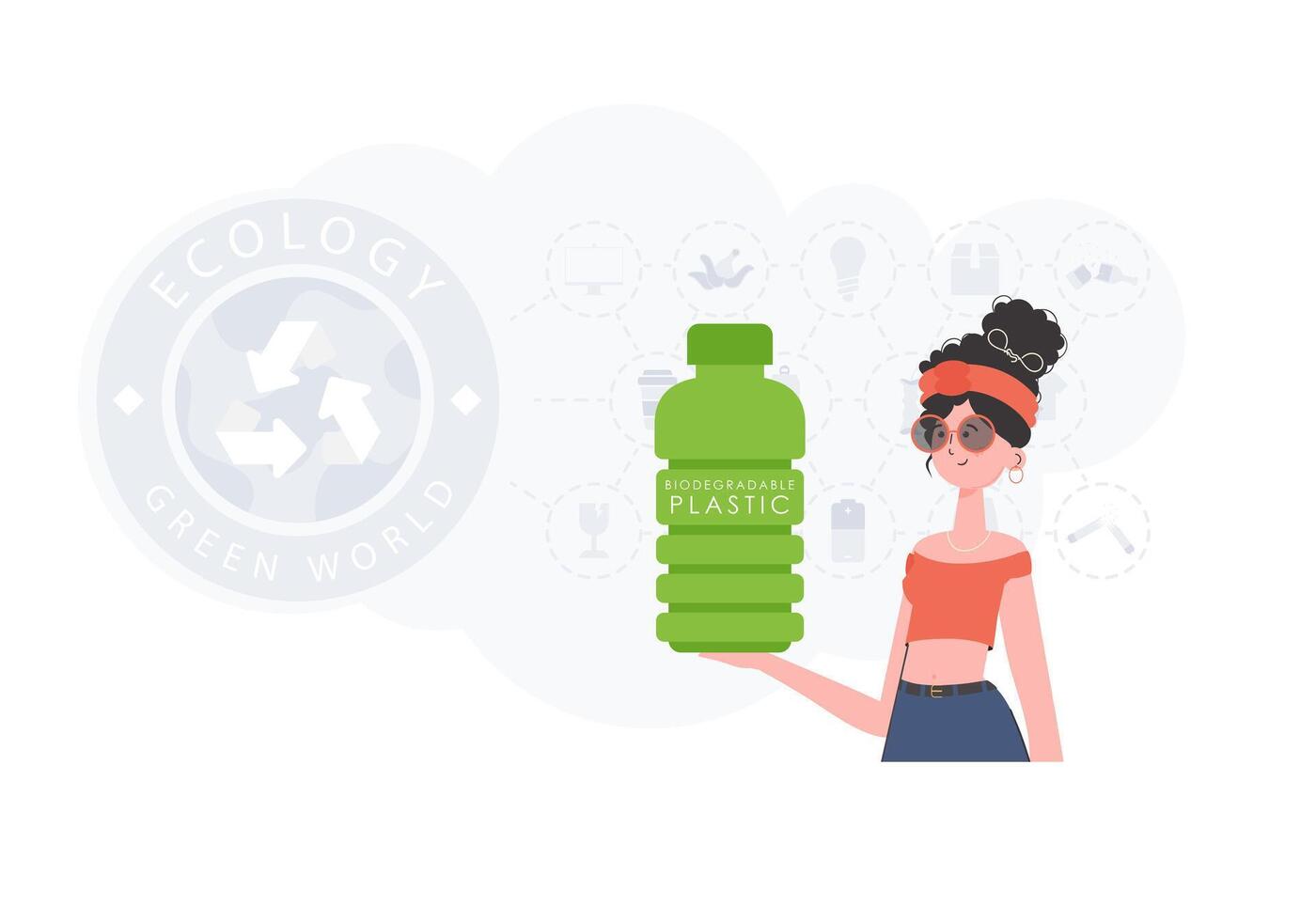 Concept of green world and ecology. A woman holds a bottle made of biodegradable plastic in her hands. Fashion trend illustration in . vector