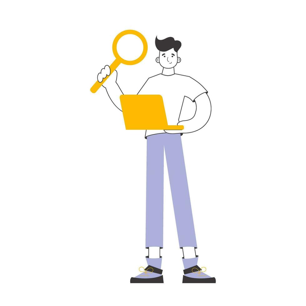 The guy holds a magnifying glass and a laptop in his hands. Job Search Theme. H.R. Linear trendy style. Isolated. Vector. vector