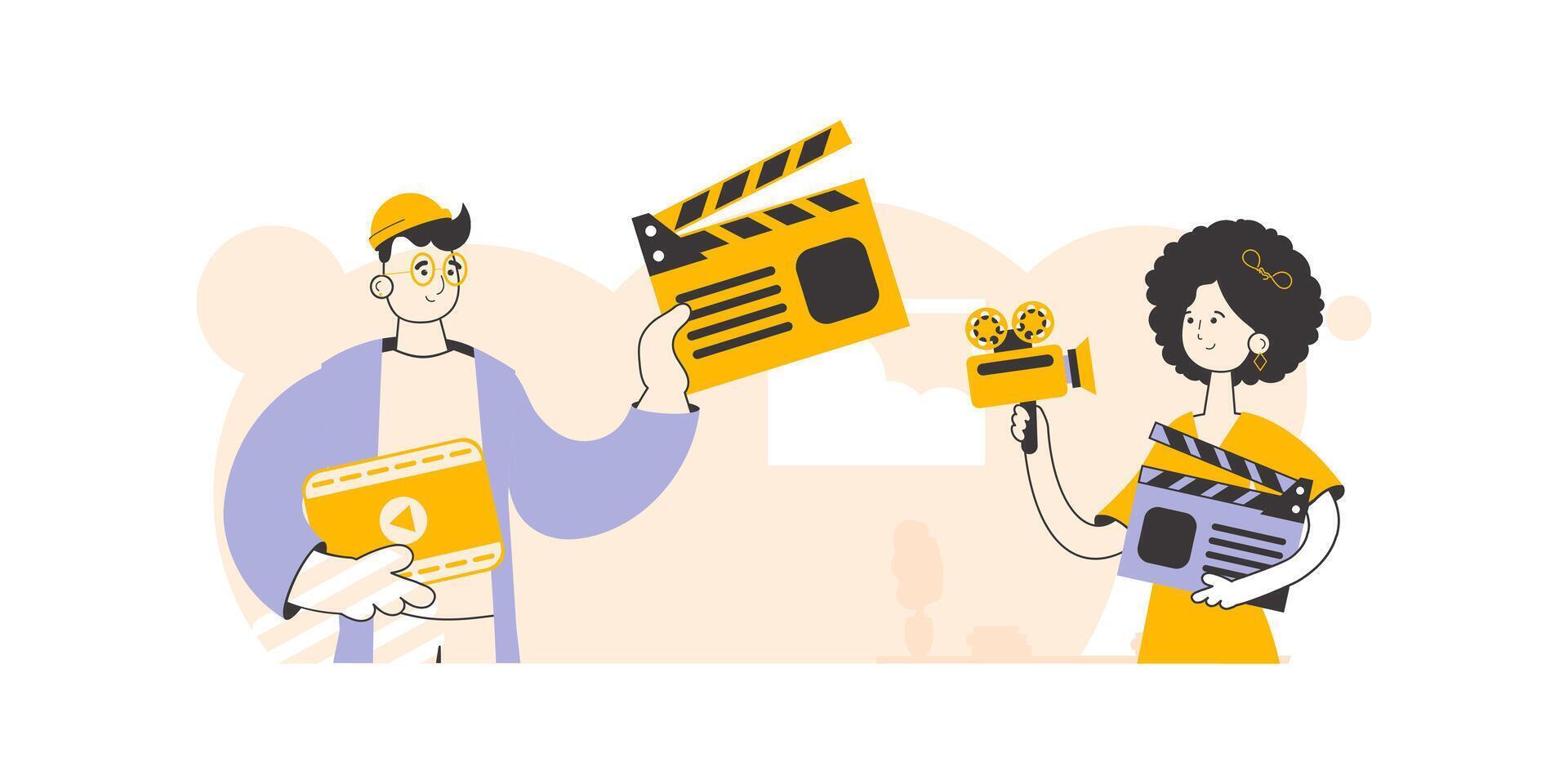 Guy and girl video bloggers. Linear style. Vector. vector
