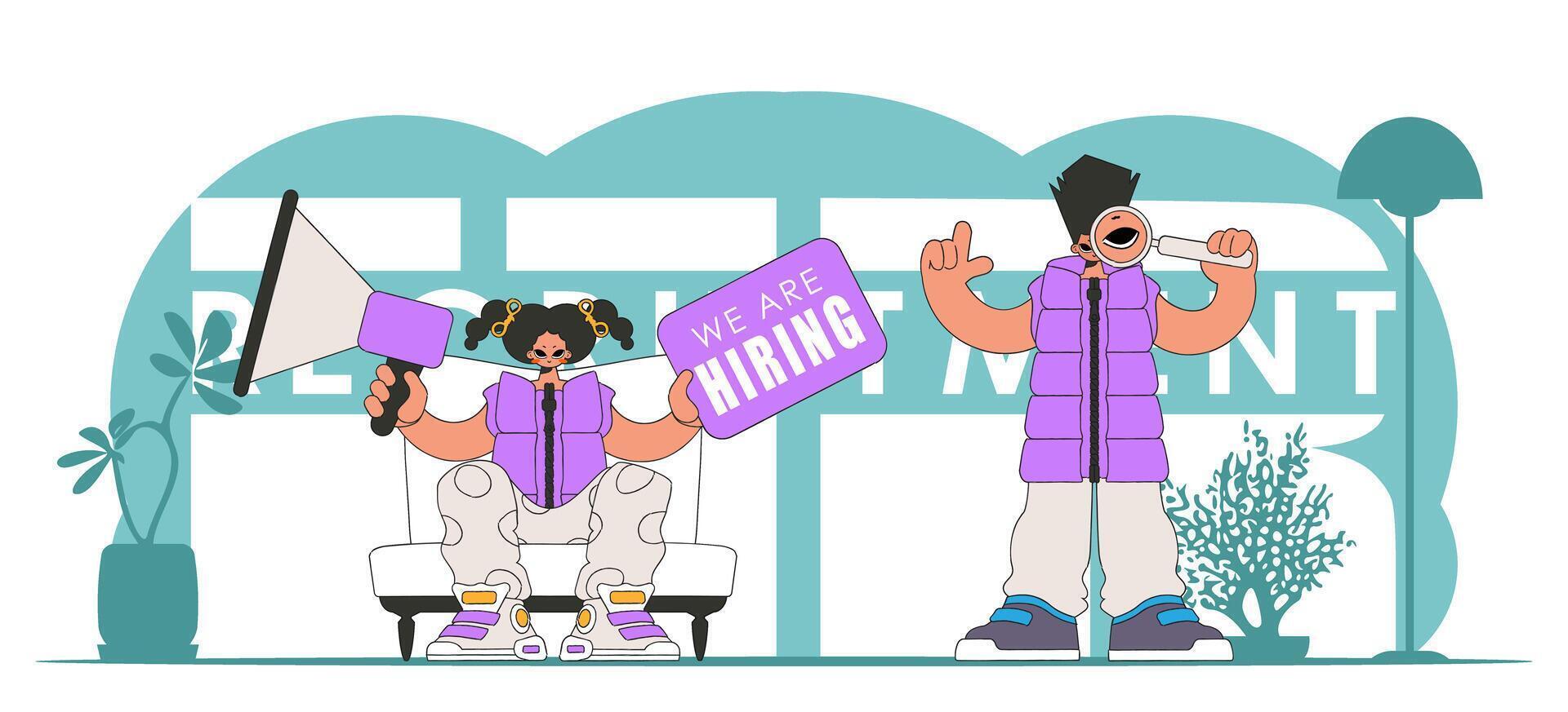 Stylized illustration of HR representative team. Stylish woman sits in a chair and holds a megaphone in her hand. vector