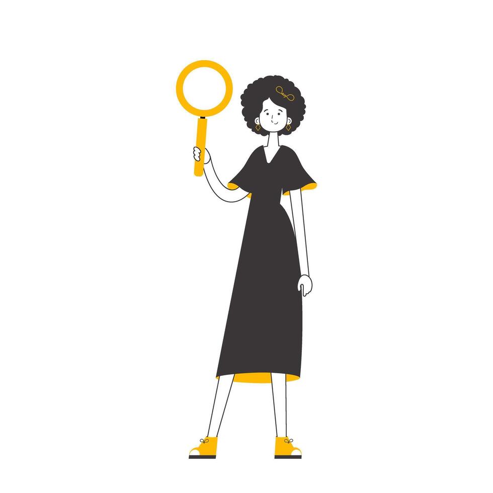 The girl is holding a magnifying glass in her hands. Search concept. Linear trendy style. Isolated. . vector