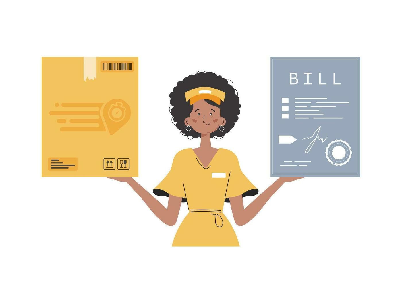 A woman courier is holding a box and a check. Delivery concept. Isolated. trendy style. Vector. vector