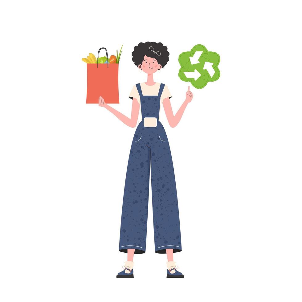 The woman is depicted in full growth and holds a bag of healthy food in her hands and shows the EKO icon. Isolated. Trend vector illustration.