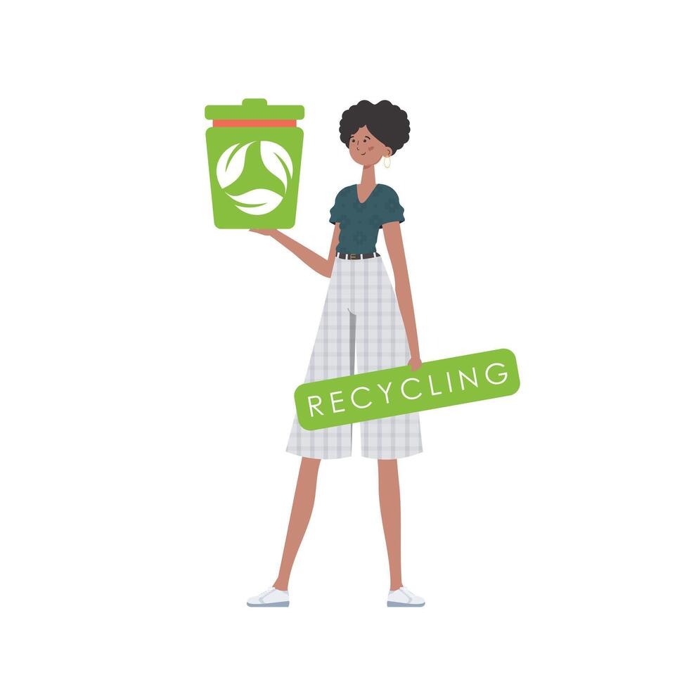 The girl is depicted in full growth and holds an urn in her hands. The concept of ecology and recycling. Isolated on white background. illustration Flat trendy style. vector