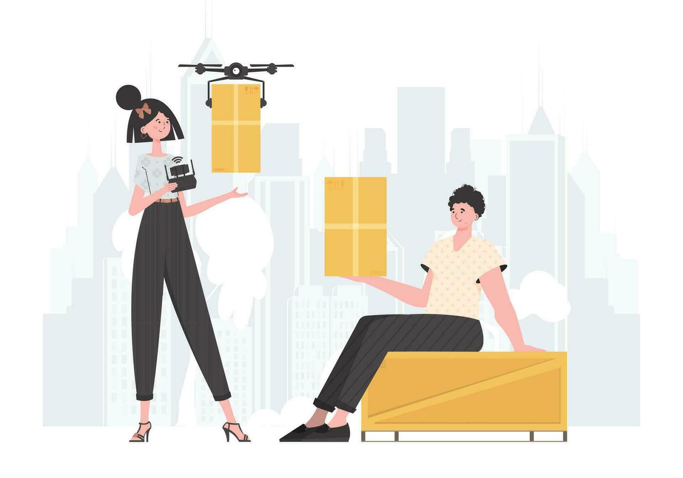 The concept of cargo delivery. The drone is transporting the parcel. Man and woman with cardboard boxes. trendy style. Vector. vector