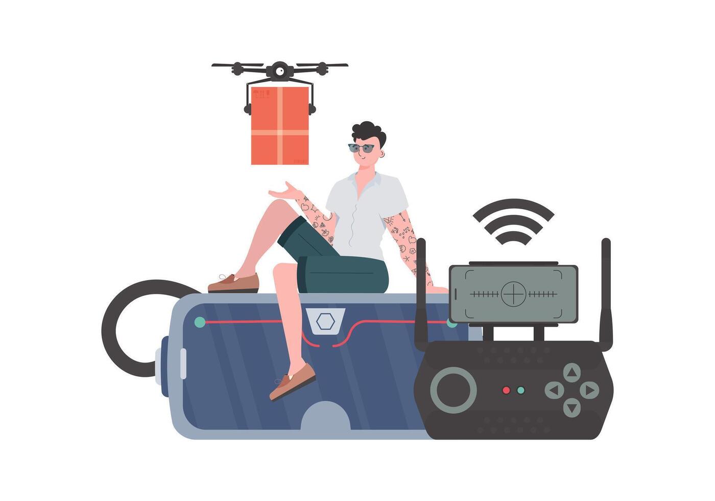 The concept of cargo delivery by air. A man controls a quadcopter with a package. Isolated on white background. trendy style. Vector. vector