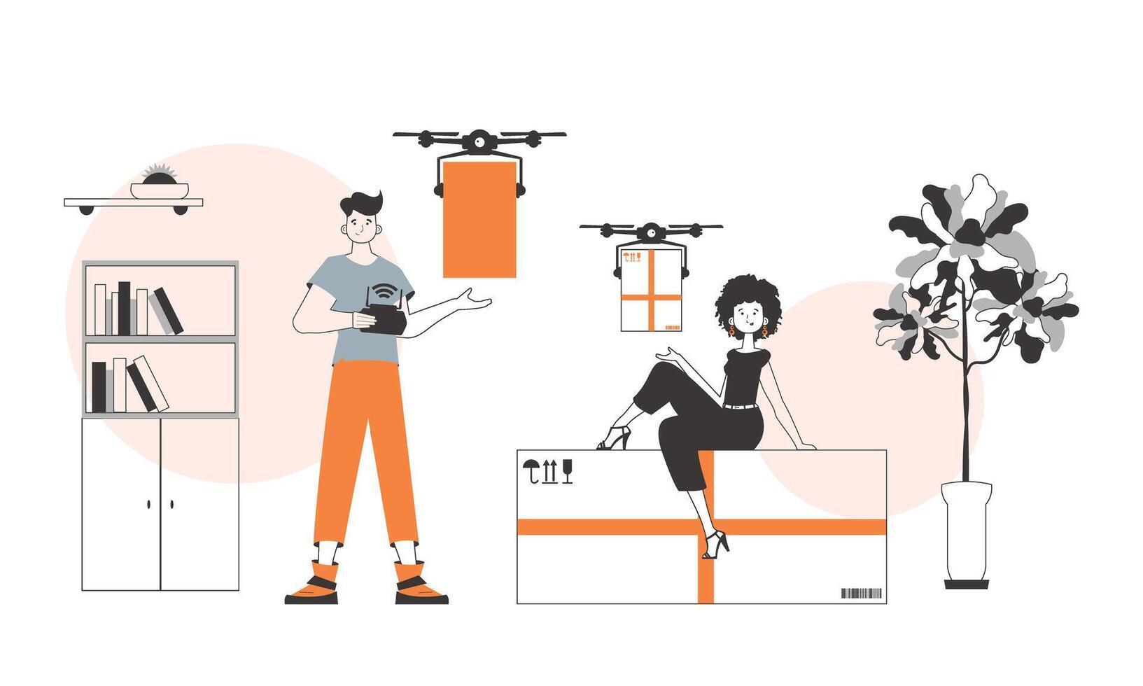 A man and a woman, the team delivers the package by drone. The concept of cargo delivery by air. Linear style. vector