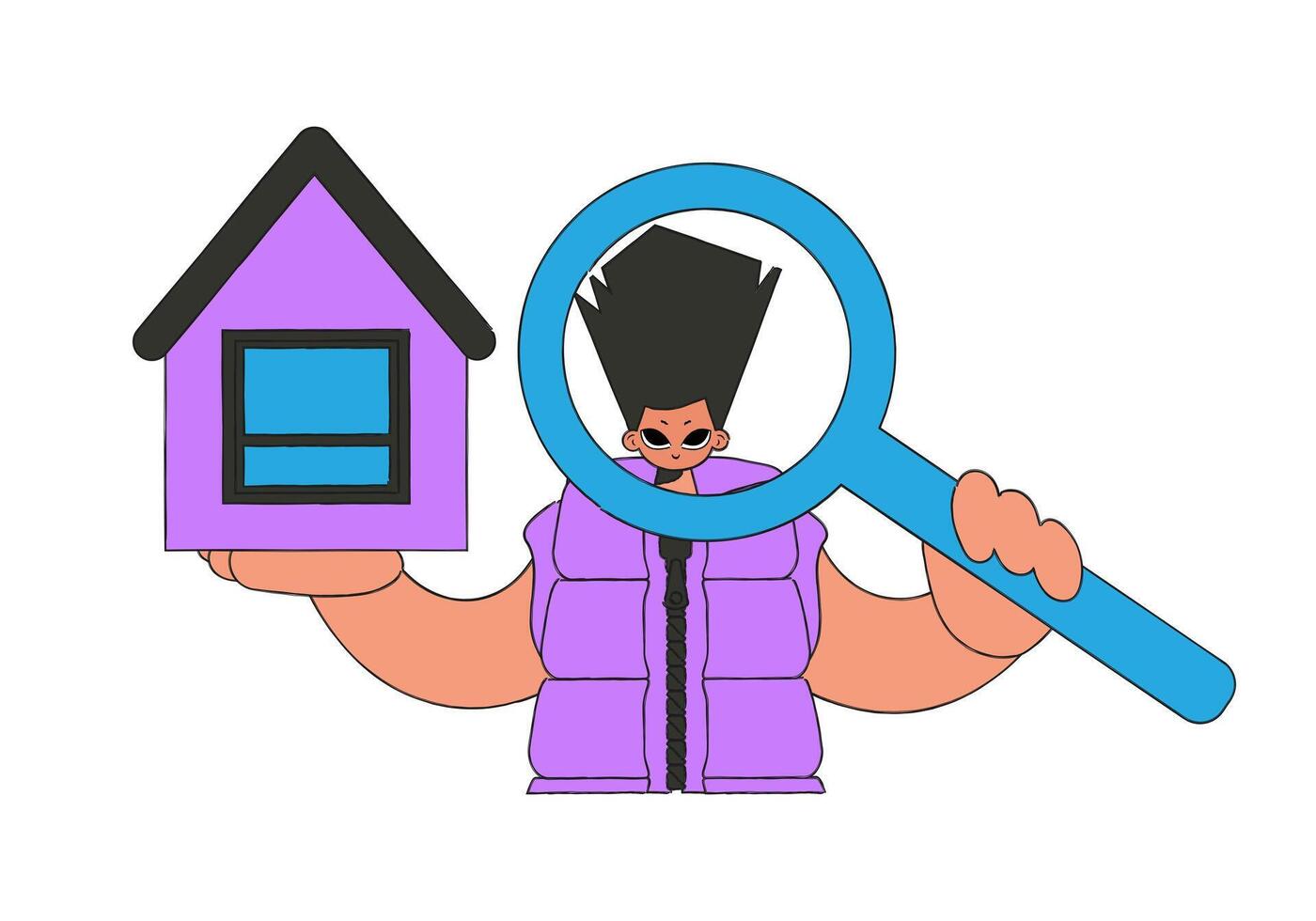 Male real estate agent holding a house and a magnifying glass. Investment in real estate. vector