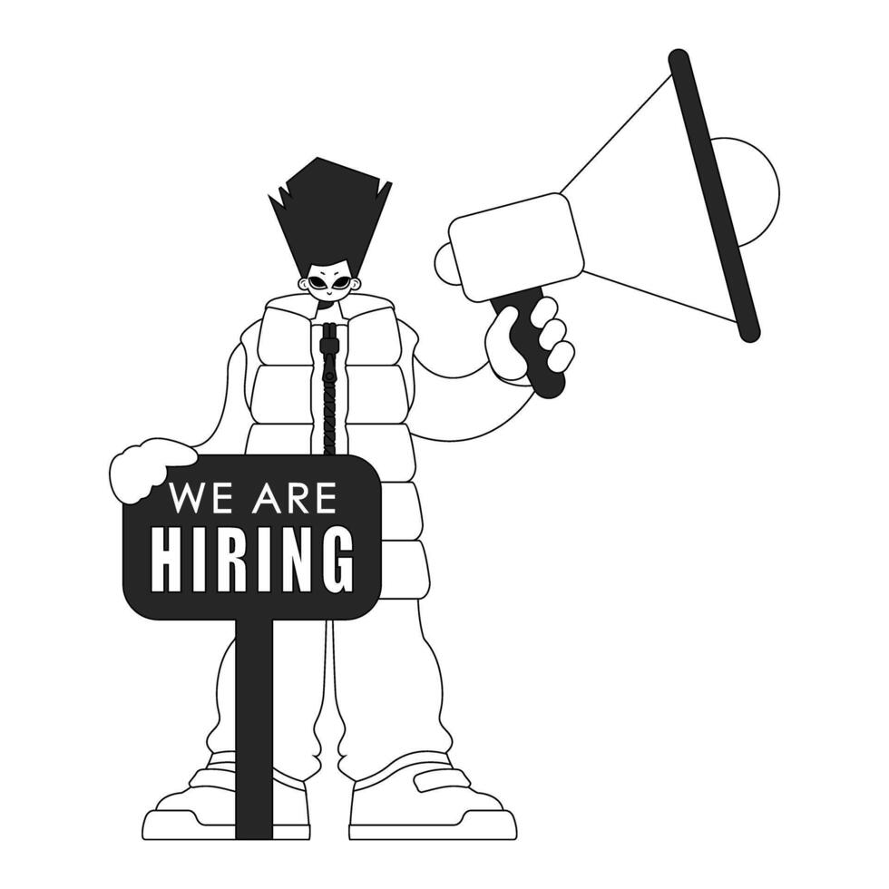 Competent HR specialist man holding a megaphone in his hands. HR topic. Linear newspaper black and white style. vector