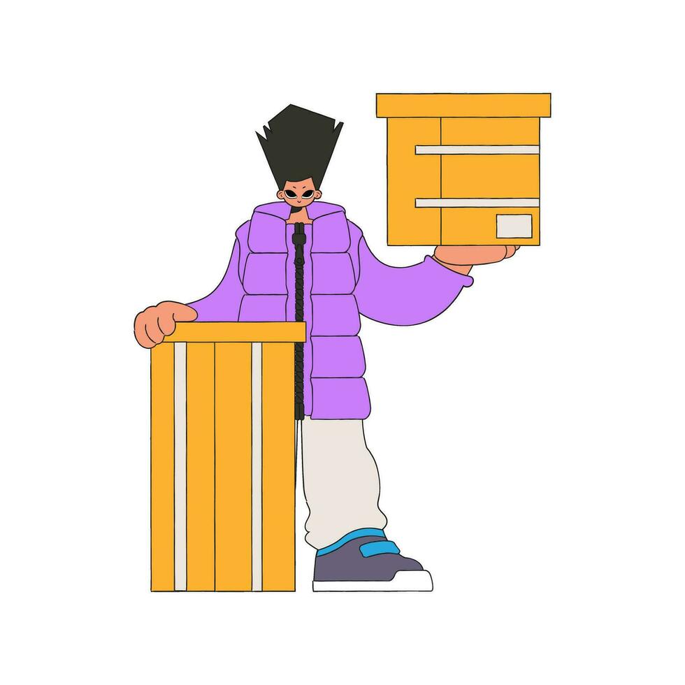 un encantador chico es participación cajas comprensión el proceso de paquete o empaquetar y carga entrega. vector