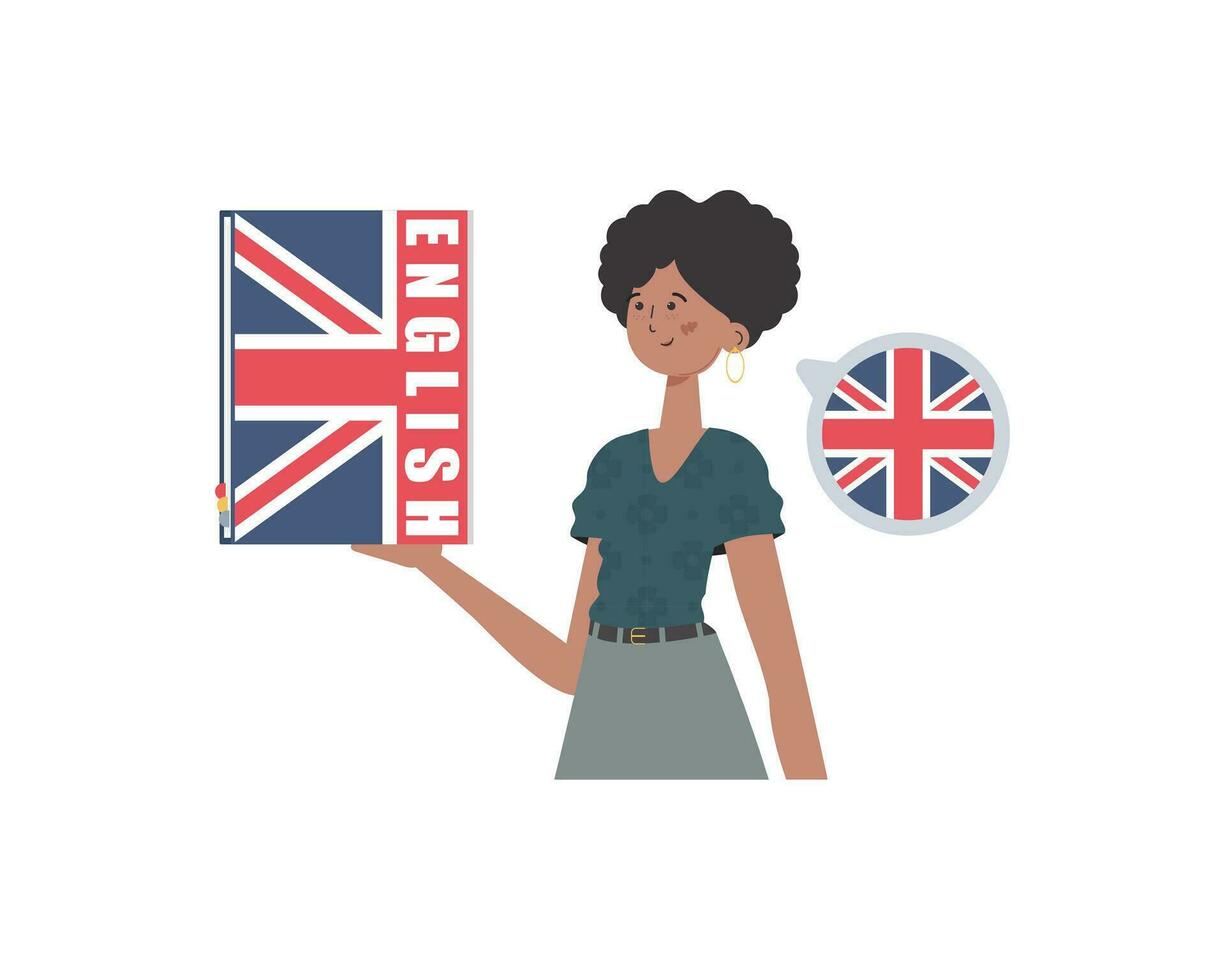 A woman holds an English dictionary in her hands. The concept of learning English. Isolated. Flat modern style. Vector. vector