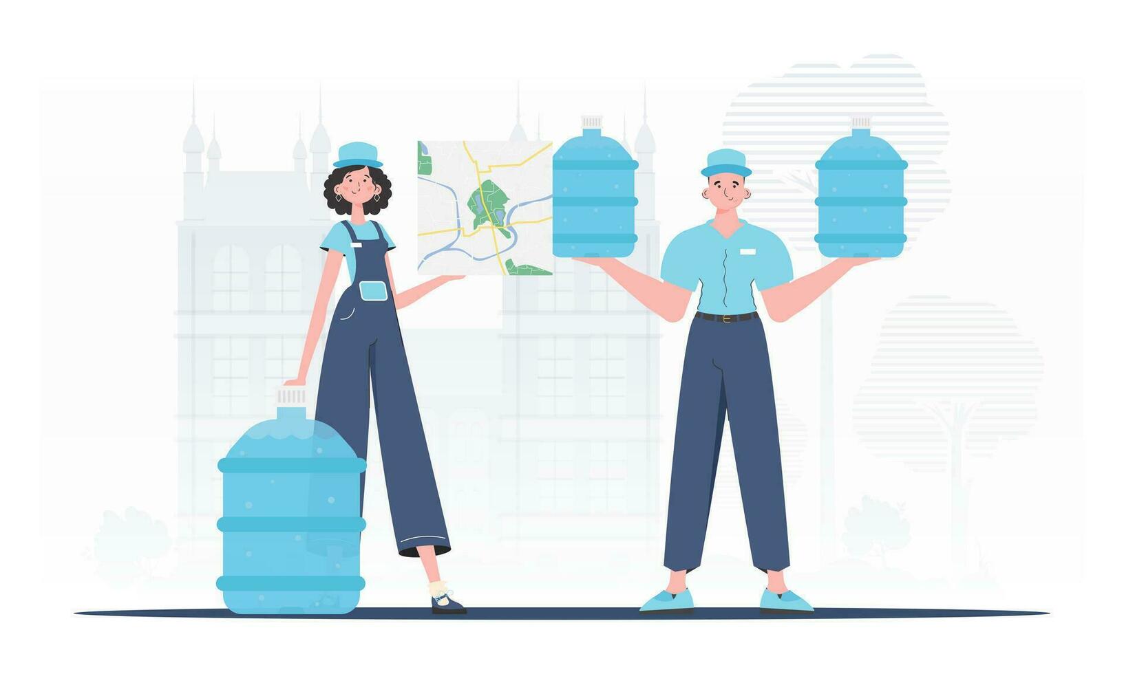 Team specializing in the delivery of water. Cartoon trendy style. Vector illustration.