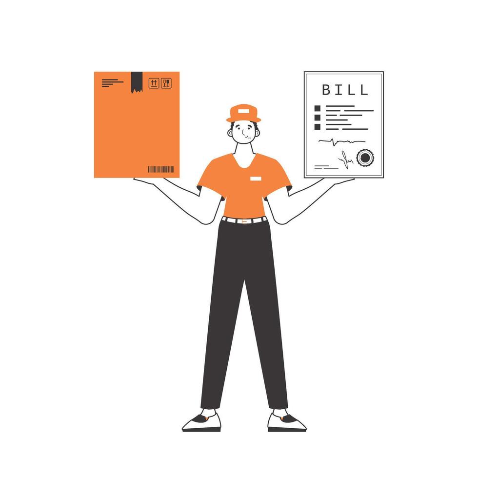 A man holds a parcel and a check in his hands. The concept of the delivery of goods and parcels. Linear style. Isolated on white background. illustration. vector