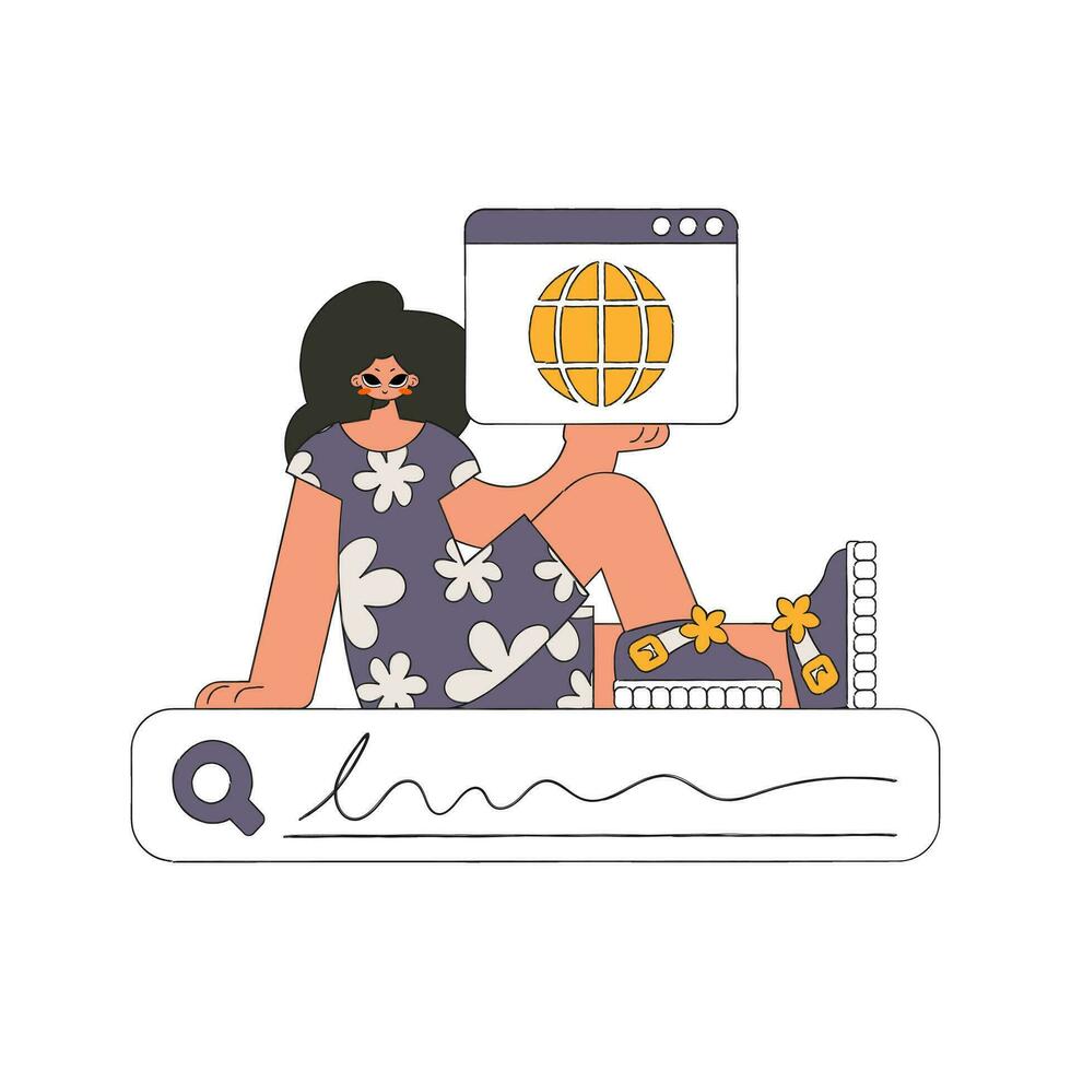 The girl sits on the search line and holds a browser window in her hands. Search for information. Linear retro style character. vector