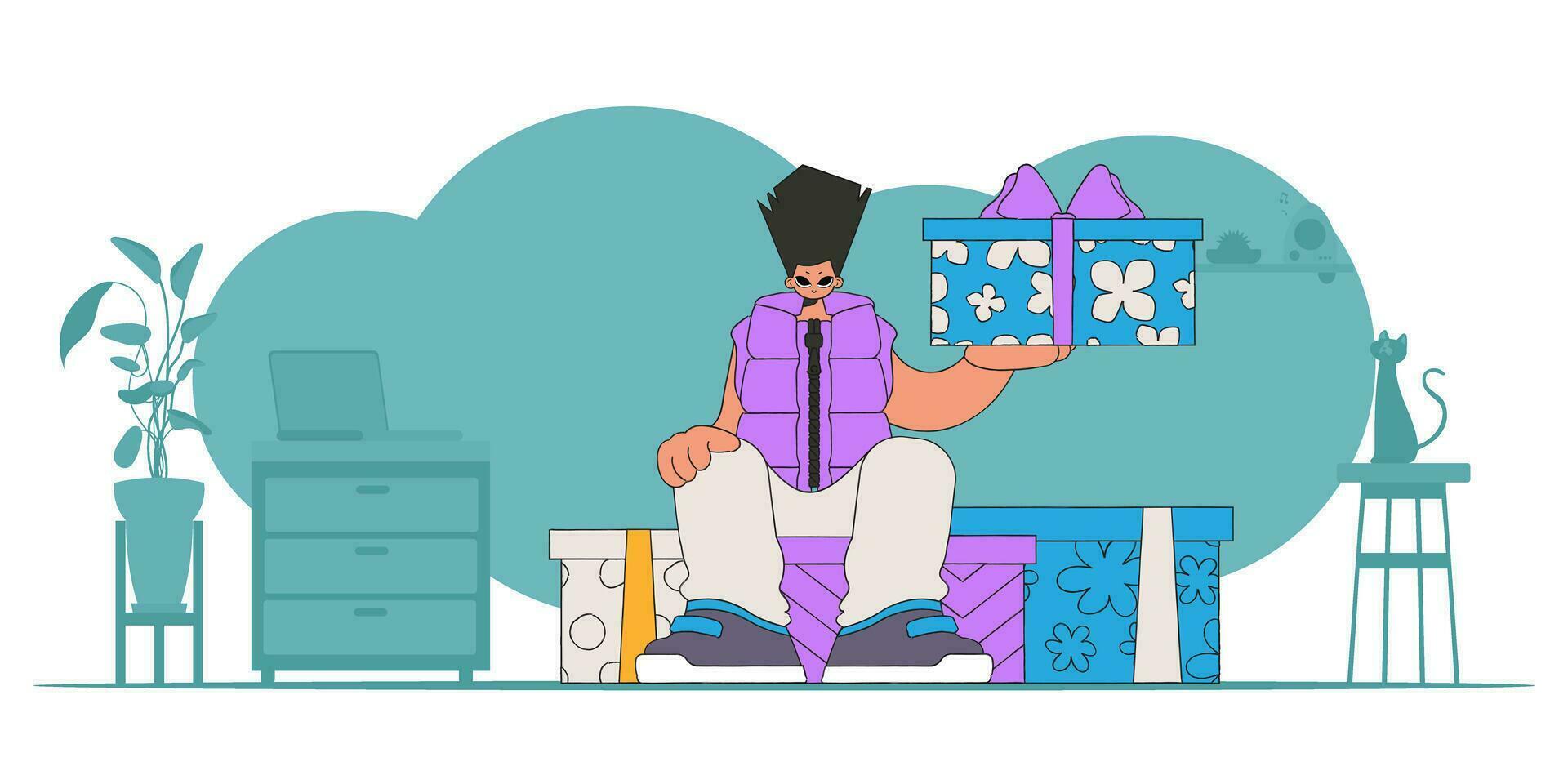 90s style. The guy is holding gifts. A man sits on gift boxes. The concept of the holiday and gifts. vector