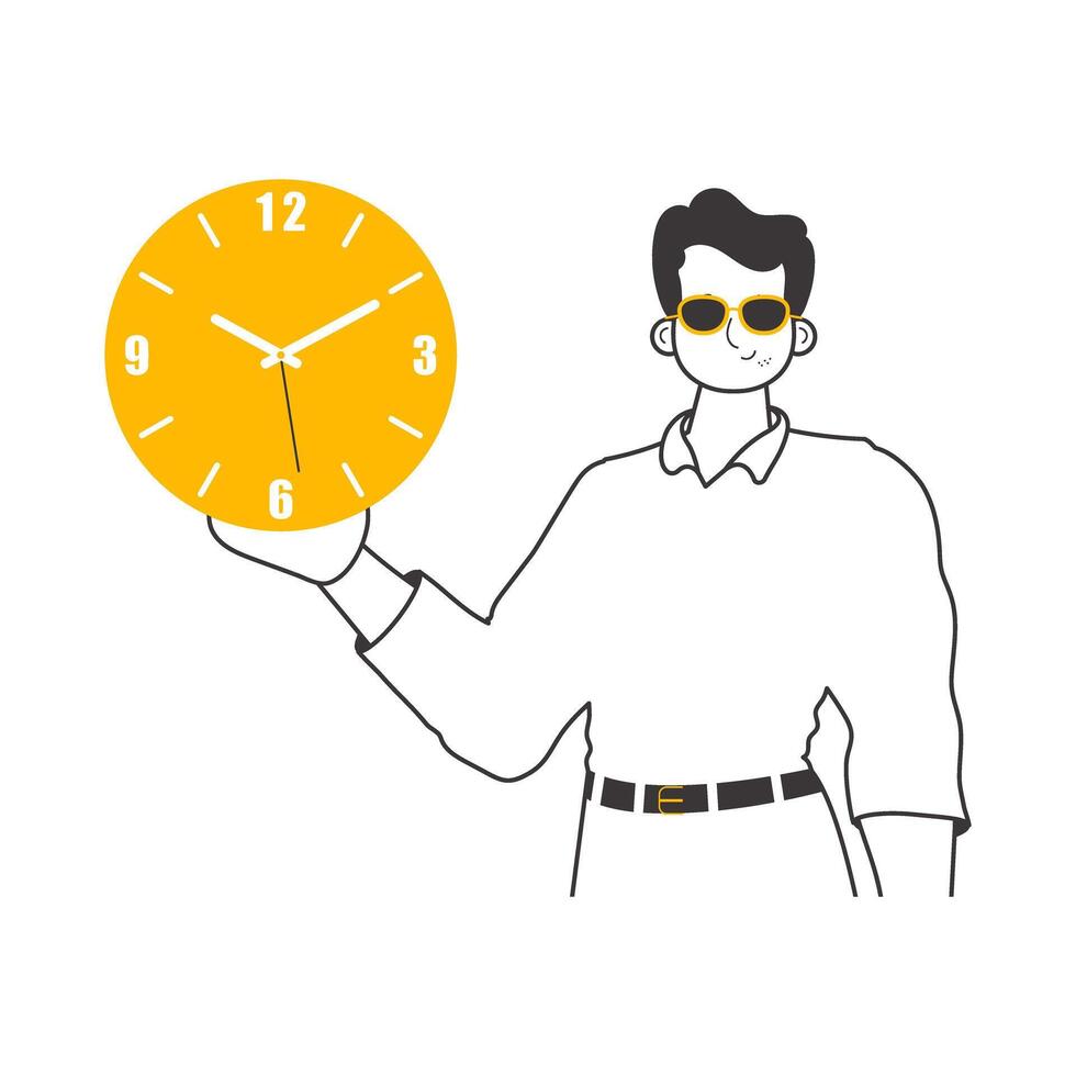 The man is holding a watch. Time management concept. Lineart. Isolated. Vector illustration.