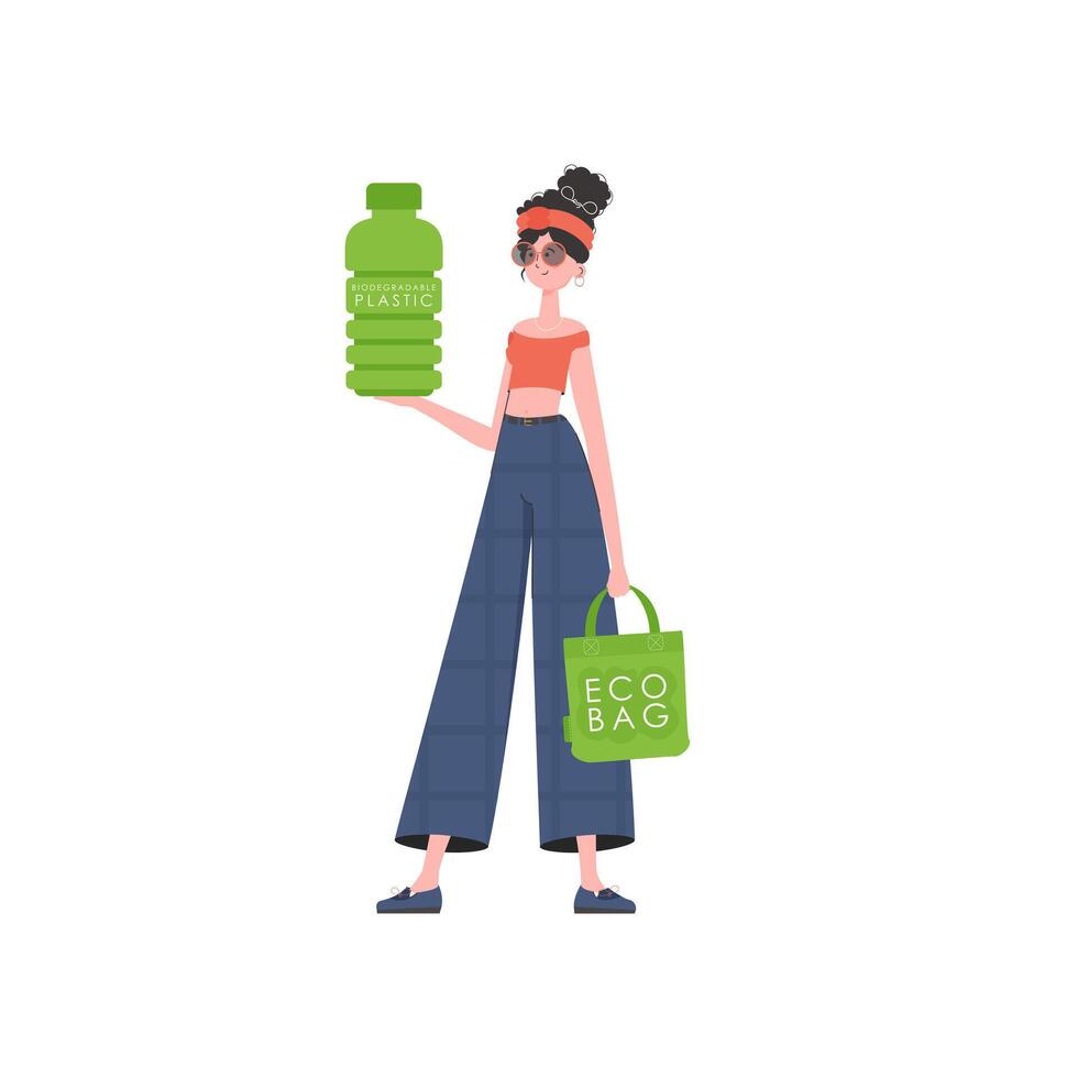 A woman holds a bottle made of biodegradable plastic in her hands. The concept of ecology and care for the environment. Isolated on white background. Fashion trend illustration in . vector