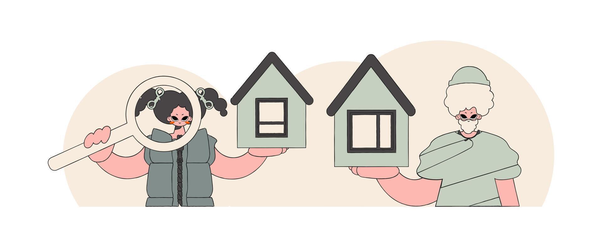 The concept of home ownership. Real estate realtor team sells a house. vector