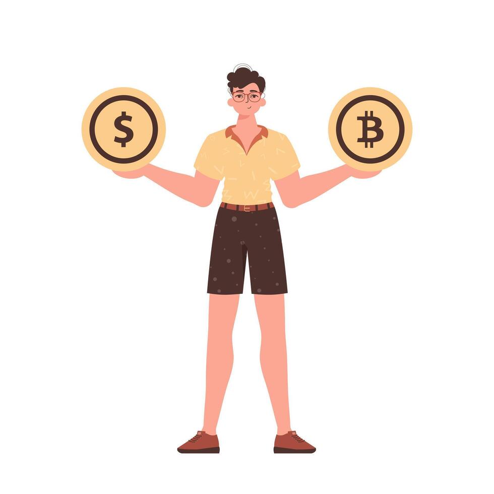 The guy holds in his hands bitcoin and dollar in the form of coins. Character in modern trendy style. vector