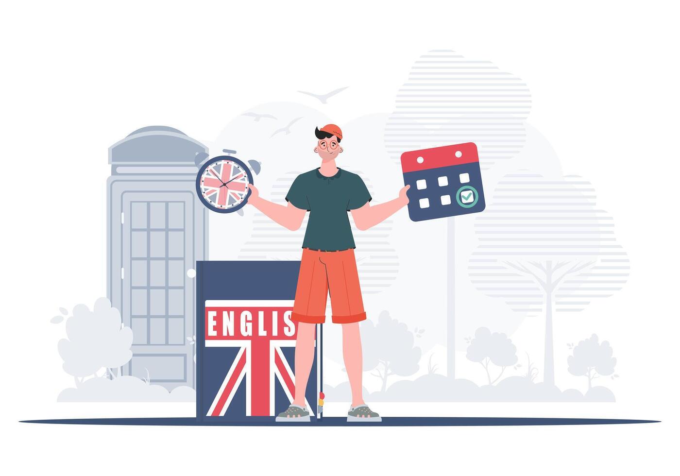 The concept of teaching English. Male teacher shows that it's time to learn English. Trendy cartoon style. illustration. vector