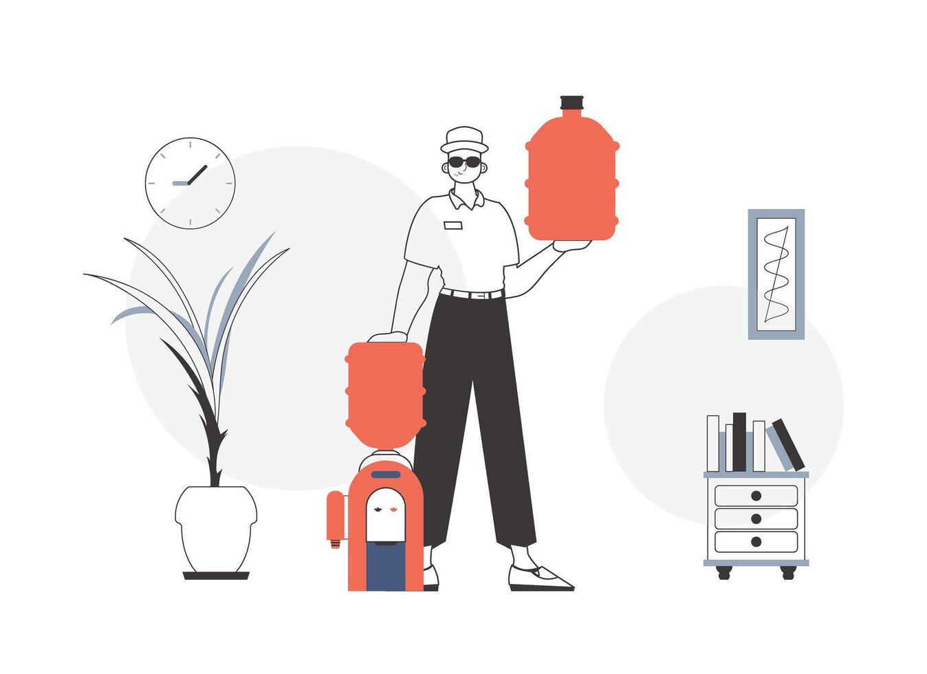 A man with a large bottle of water in his hands. Water delivery concept. Linear style. vector