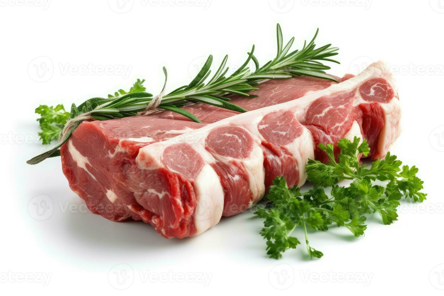 Lamb Ribs meat and herbs isolated on white, Generative AI photo