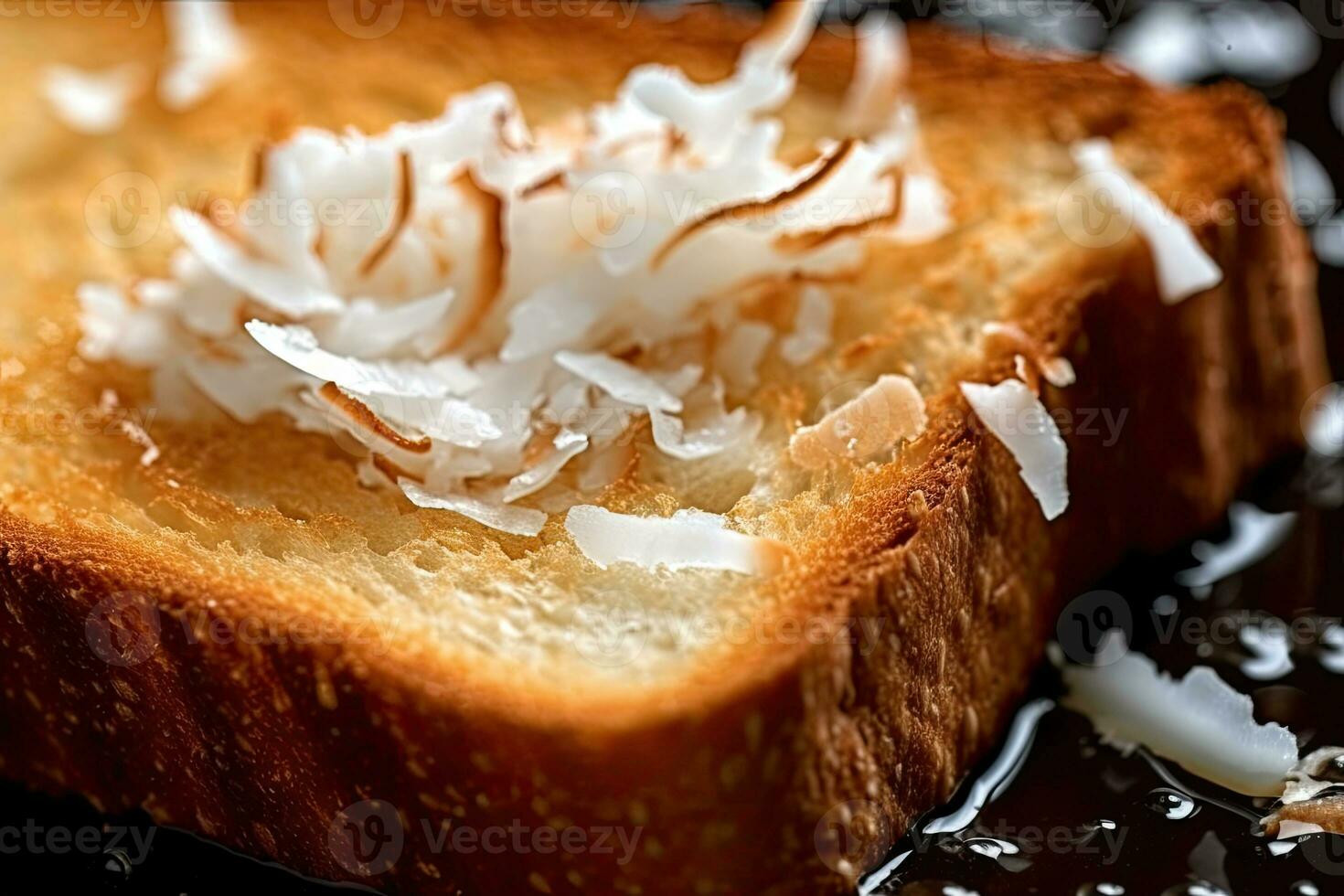 Coco tostada, macro Disparo de un Fresco desayuno con goteo Miel, ai generado foto