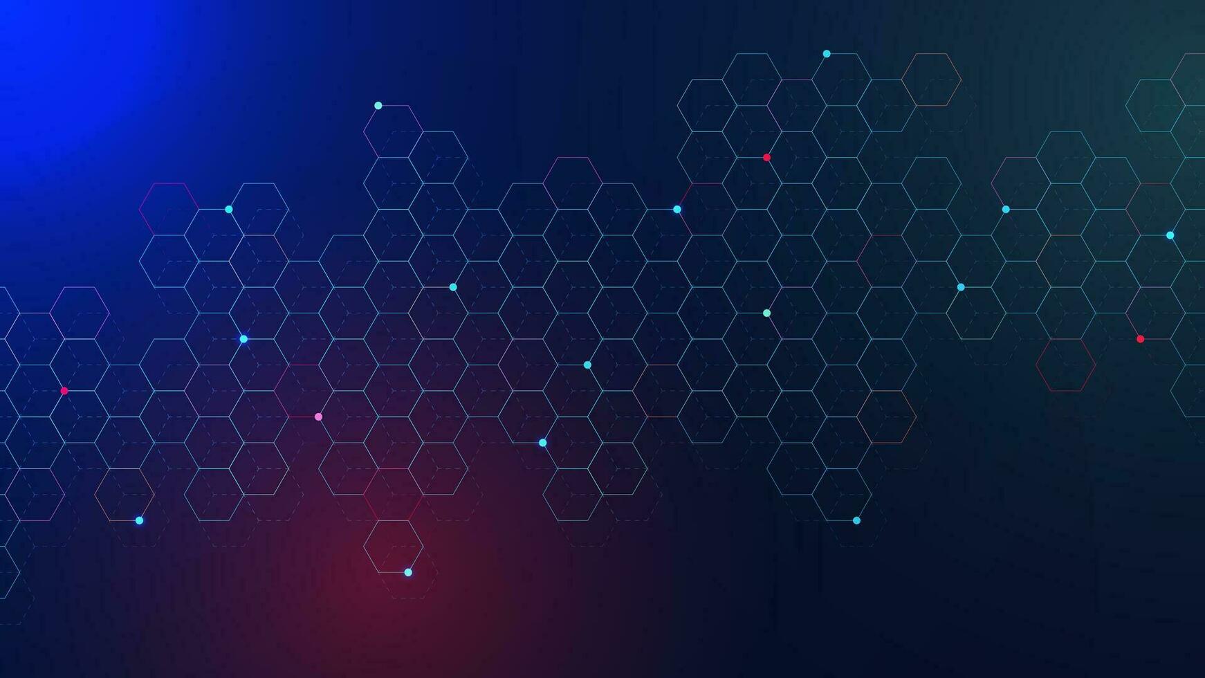 Abstract hexagons pattern with glowing particles. Network connection, digital communication, science and technology background design concept. Vector illustration.